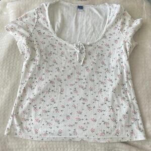 Pink Floral Lace Y2K Cotton Short Sleeve Scoop Neck Blouse Size M